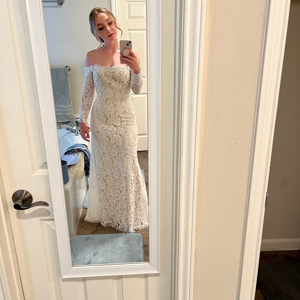 Lulu’s Romance Dreamer White Lace Off-the-Shoulder Maxi Dress Wedding Bridal